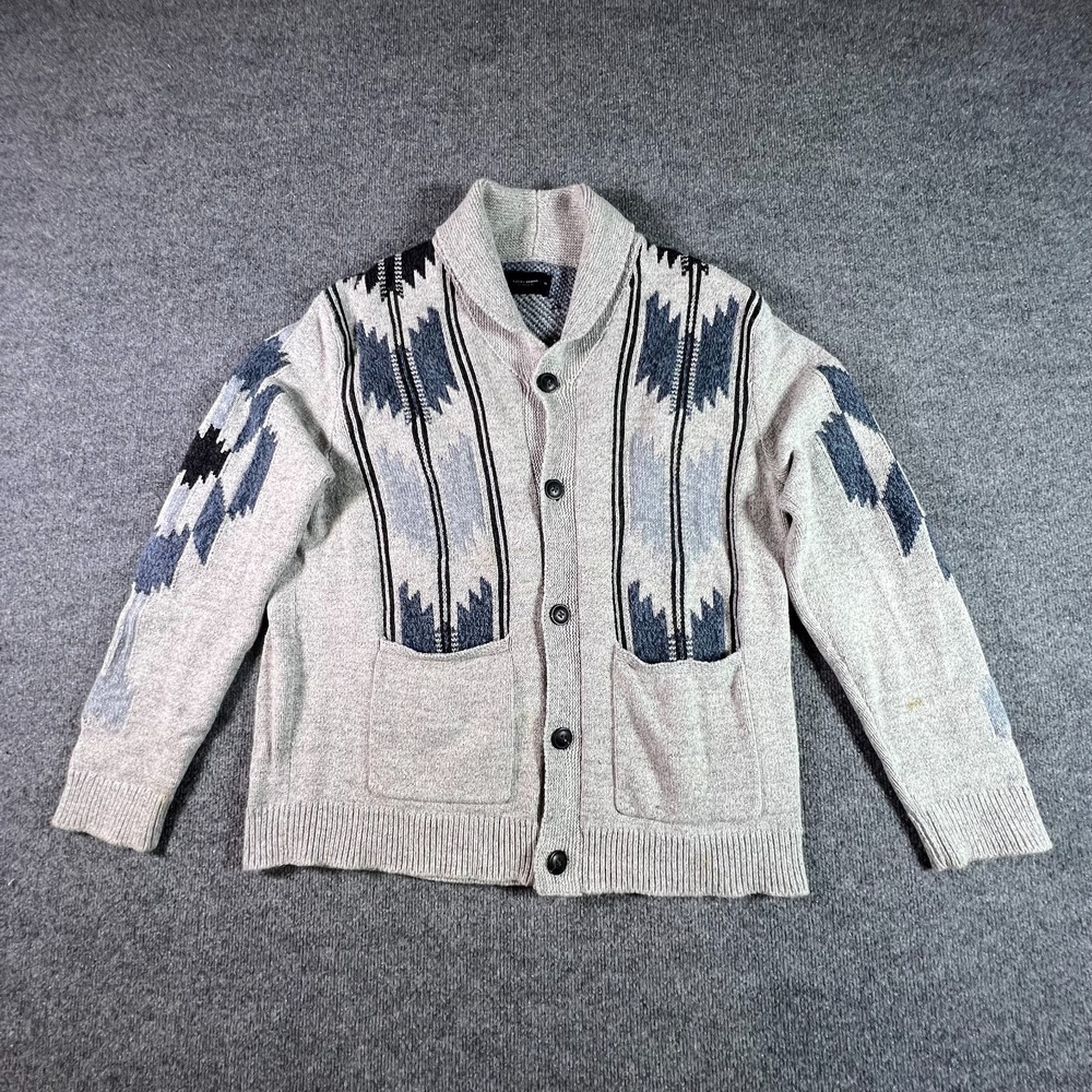 Lucky Brand Cardigan Sweater Mens XL Gray Cotton Geometric Shawl Collar Holiday